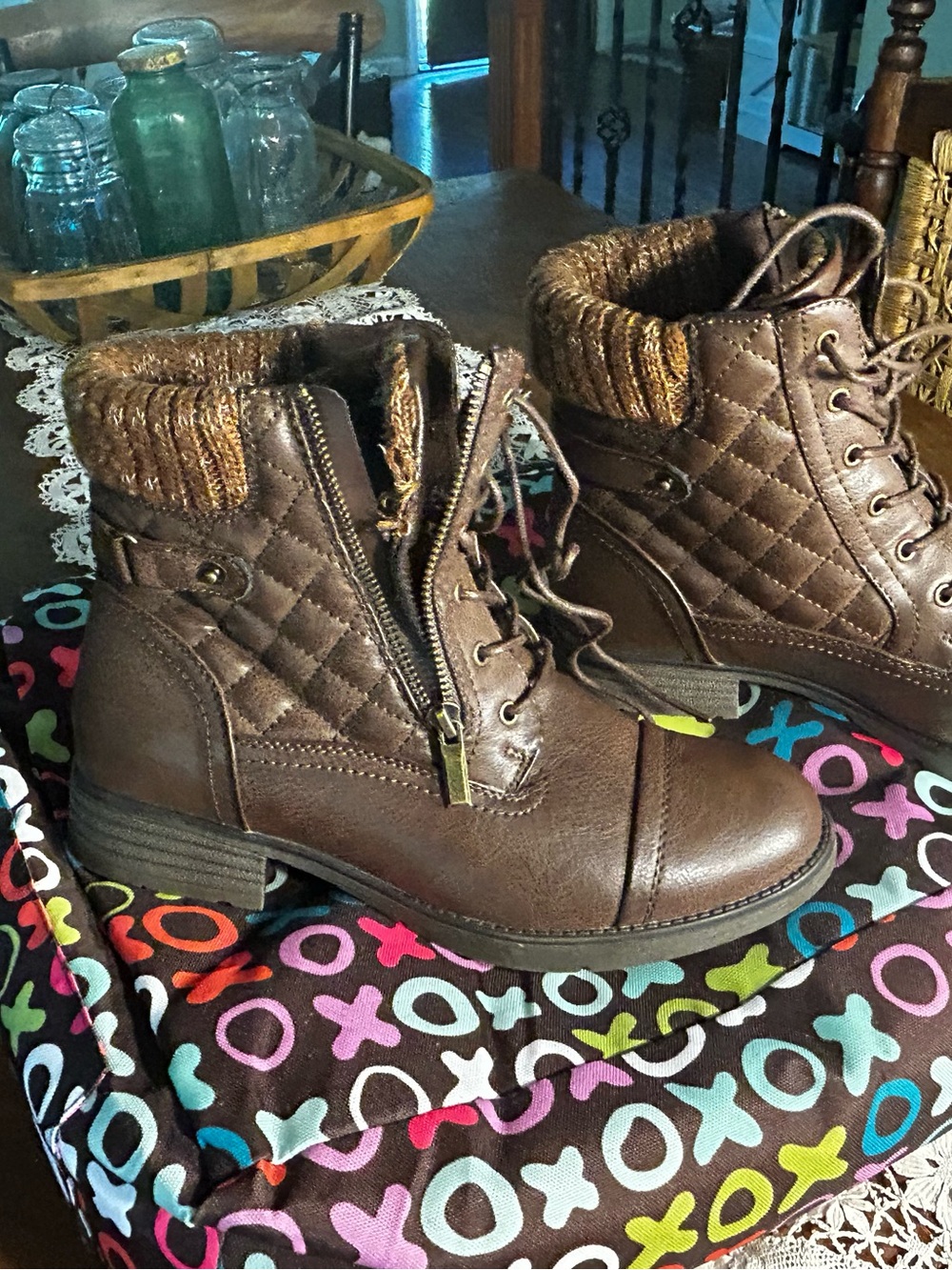 Brown Women's Leather Combat Boots Lace Ankle Booties Quilted Size 10 M by STQ - Picture 7 of 12